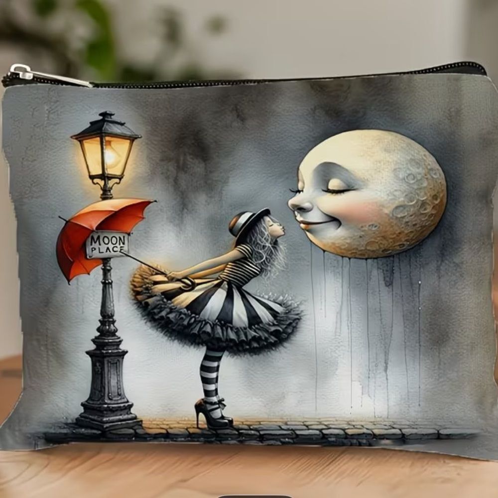 Whimsical Moonlit Girl Cosmetic Pouch - Gray & Black with Red Accent